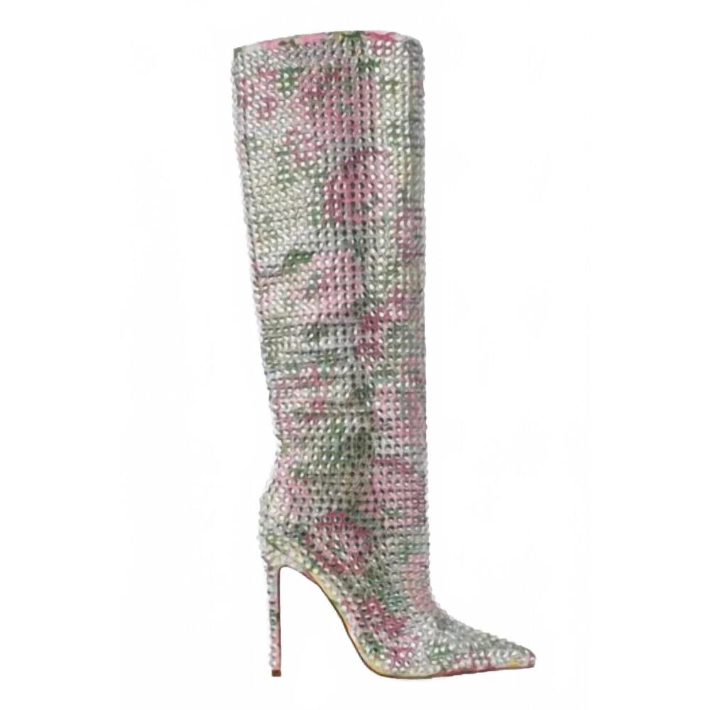 NEW PAZZLE women's pattern diamante knee high boots in pink floral